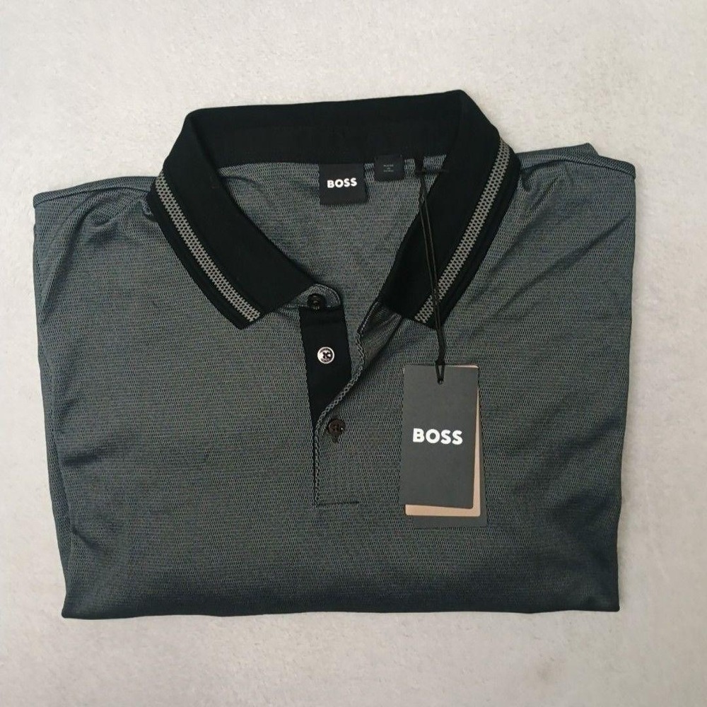 Hugo Boss Polo Shirt Mens 3XL Gray Long Sleeve Geometric Collared Peru Stretch